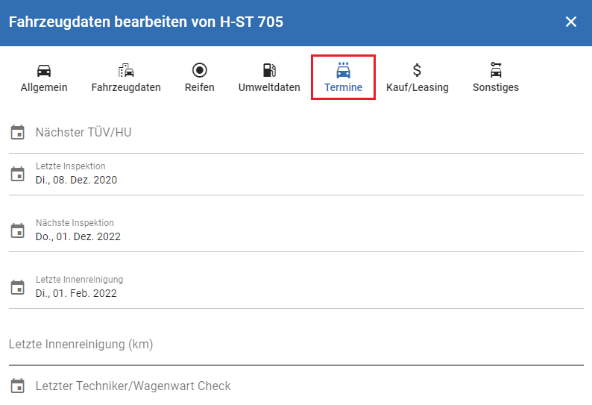 Fahrzeugdaten bearbeiten - Termine